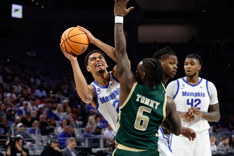 Mar 16, 2025; Fort Worth, TX, USA;  Memphis Tigers forward Nicholas Jourdain (2) shoots as UAB Blazers guard Tony Toney (6) defends during the first half at Dickies Arena. Mandatory Credit: Chris Jones-Imagn Images
