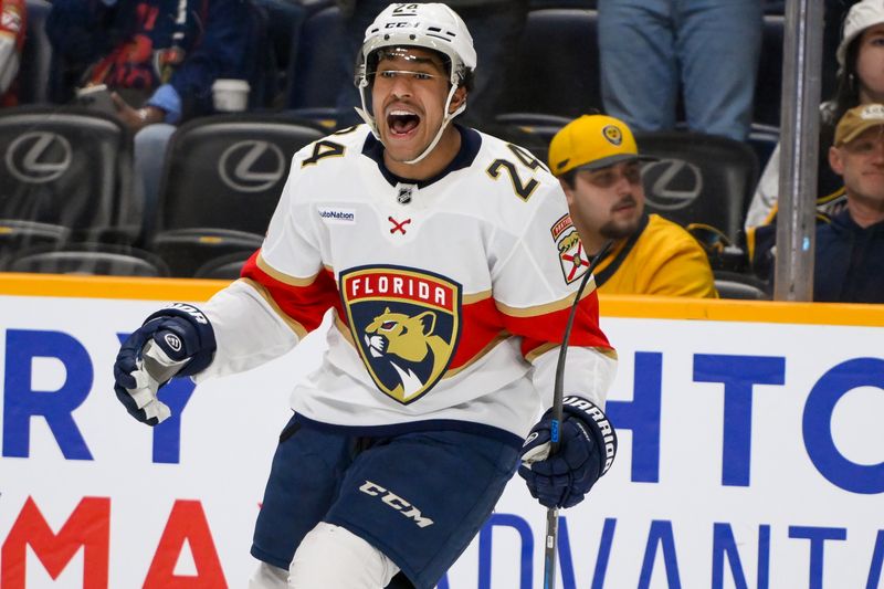 Feb 25, 2025; Nashville, Tennessee, USA;  Florida Panthers right wing Justin Sourdif (24) celebrates his goal against the Nashville Predators during the second period at Bridgestone Arena. Mandatory Credit: Steve Roberts-Imagn Images