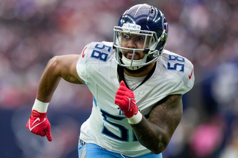 FILE - Tennessee Titans' Harold Landry III plays against the Houston Texans during the first half of an NFL football game Dec. 31, 2023, in Houston. Titans pass rusher Landry has turned a comeback season for the decades. (AP Photo/Eric Christian Smith, File)