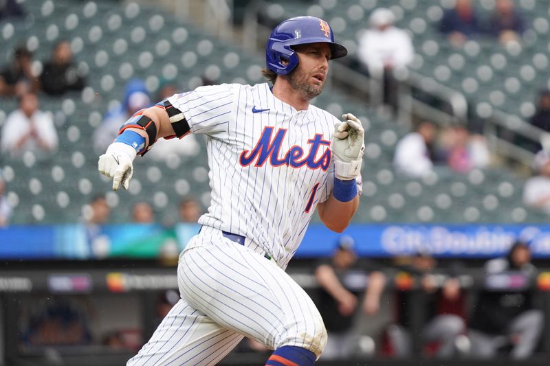May 28, 2025; New York, New York, USA; New York Mets second baseman Jeff McNeil (1) hits a double during the game against the Chicago White Sox at Citi Field. Mandatory Credit: Lucas Boland-Imagn Images