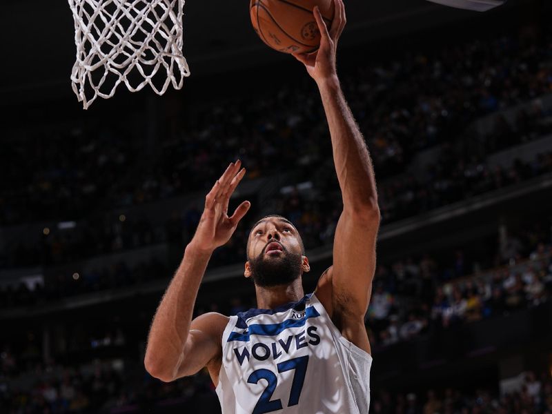 DENVER, CO - APRIL 10: Rudy Gobert #27 of the Minnesota Timberwolves shoots the ball during the game against the Denver Nuggets on April 10, 2024 at the Ball Arena in Denver, Colorado. NOTE TO USER: User expressly acknowledges and agrees that, by downloading and/or using this Photograph, user is consenting to the terms and conditions of the Getty Images License Agreement. Mandatory Copyright Notice: Copyright 2024 NBAE (Photo by Bart Young/NBAE via Getty Images)