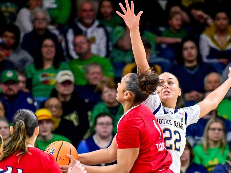 Mar 3, 2024; South Bend, Indiana, USA; Louisville Cardinals guard Sydney Taylor (1) goes up for a shot as Notre Dame Fighting Irish forward Kylee Watson (22) defends in the second half at the Purcell Pavilion. Mandatory Credit: Matt Cashore-USA TODAY Sports