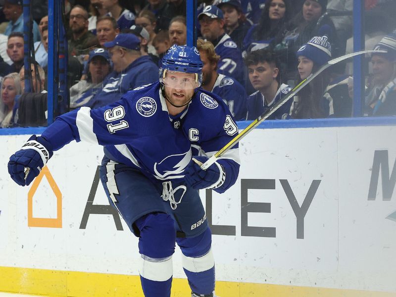 Jan 9, 2024; Tampa, Florida, USA; Tampa Bay Lightning center Steven Stamkos (91) skates against the Los Angeles Kings during the first period at Amalie Arena. Mandatory Credit: Kim Klement Neitzel-USA TODAY Sports