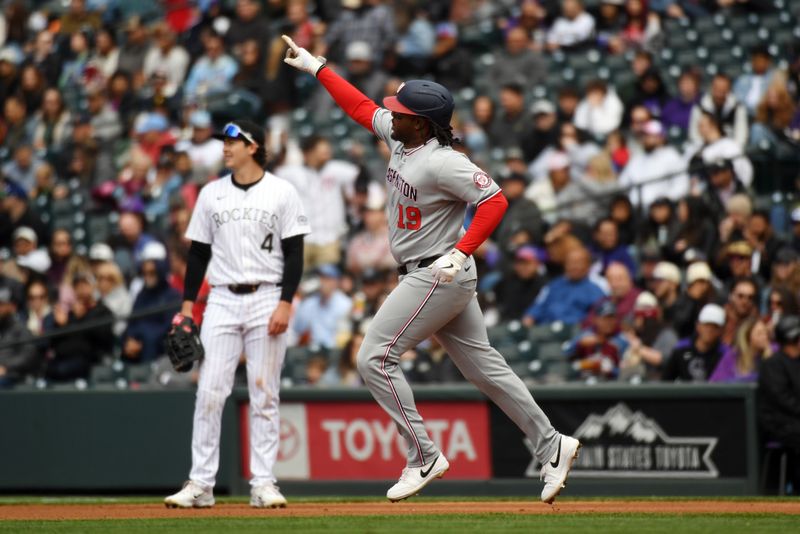 Apr 19, 2025; Denver, Colorado, USA; Washington Nationals first base Josh Bell (19) after hitting a home run during the fourth inning against the Colorado Rockies at Coors Field. Mandatory Credit: Christopher Hanewinckel-Imagn Images