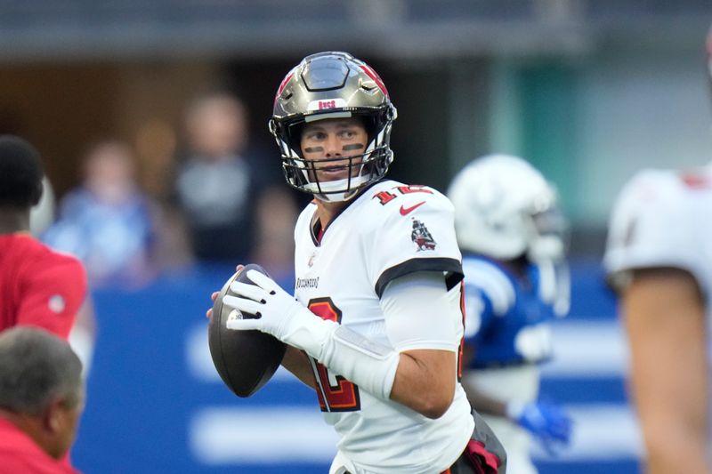 Tampa Bay Buccaneers quarterback Tom Brady (12) throws before an NFL preseason preseason football game against the Indianapolis Colts in Indianapolis, Saturday, Aug. 27, 2022. (AP Photo/AJ Mast)