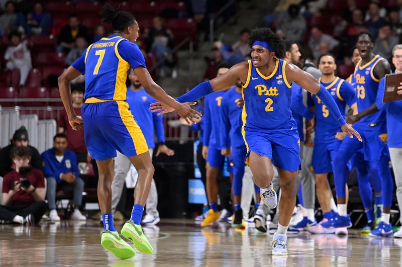 Mar 2, 2024; Chestnut Hill, Massachusetts, USA; Pittsburgh Panthers forward Blake Hinson (2) and guard Carlton Carrington (7) react to game action during the second half at Conte Forum. Mandatory Credit: Eric Canha-USA TODAY Sports