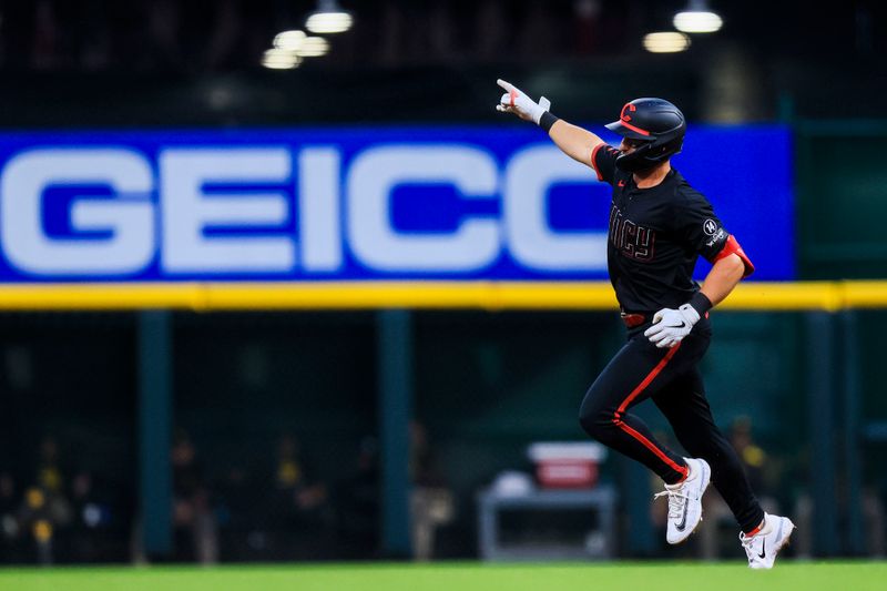 Jun 27, 2025; Cincinnati, Ohio, USA; Cincinnati Reds first baseman Spencer Steer (7) runs the bases after hitting a two-run home run in the fifth inning against the San Diego Padres at Great American Ball Park. Mandatory Credit: Katie Stratman-Imagn Images