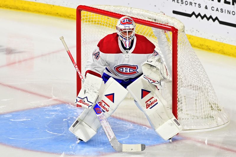 Nov 2, 2023; Tempe, Arizona, USA;  Montreal Canadiens goaltender Jake Allen (34) defends in the first period against the Arizona Coyotes at Mullett Arena. Mandatory Credit: Matt Kartozian-USA TODAY Sports