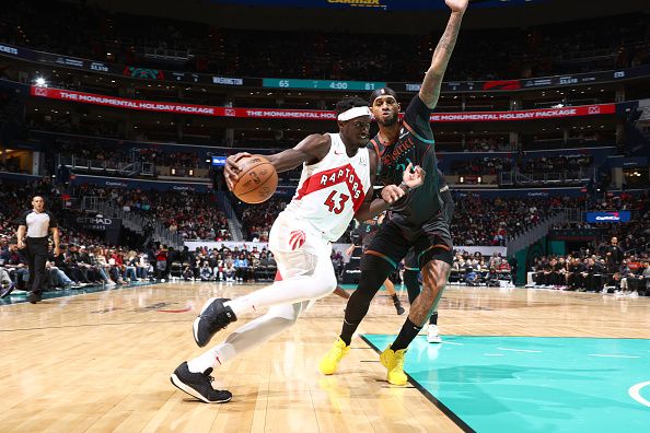 WASHINGTON, DC -? DECEMBER 27: Pascal Siakam #43 of the Toronto Raptors drives to the basket during the game against the Washington Wizards on December 27, 2023 at Capital One Arena in Washington, DC. NOTE TO USER: User expressly acknowledges and agrees that, by downloading and or using this Photograph, user is consenting to the terms and conditions of the Getty Images License Agreement. Mandatory Copyright Notice: Copyright 2023 NBAE (Photo by Kenny Giarla/NBAE via Getty Images)