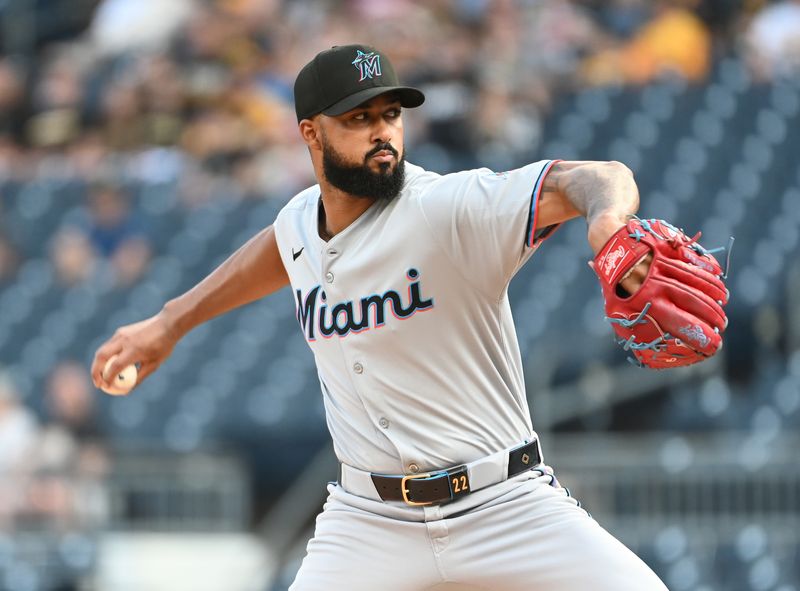Jun 10, 2025; Pittsburgh, Pennsylvania, USA;  Miami Marlins starting pitcher Sandy Alcantara (22) delivers a pitch to the Pittsburgh Pirates during the first inning PNC Park. Mandatory Credit: Philip G. Pavely-Imagn Images