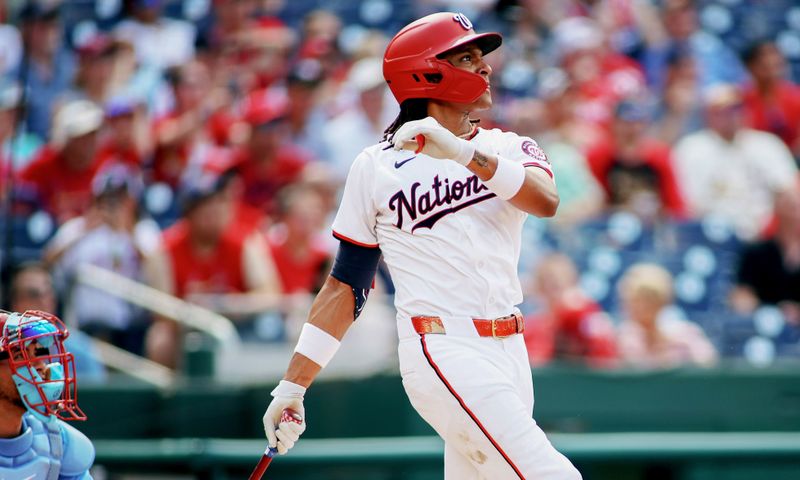 Jul 6, 2024; Washington, District of Columbia, USA; Washington Nationals shortstop CJ Abrams (5) watches a home run he hit during the first inning against the St. Louis Cardinals at Nationals Park. Mandatory Credit: Daniel Kucin Jr.-USA TODAY Sports