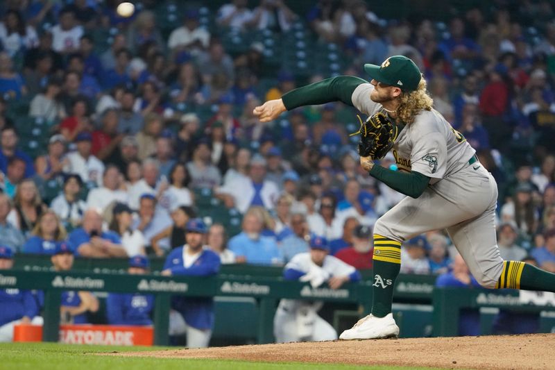 Sep 16, 2024; Chicago, Illinois, USA; Oakland Athletics pitcher Joey Estes (68) throws the ball against the Chicago Cubs during the first inning at Wrigley Field. Mandatory Credit: David Banks-Imagn Images