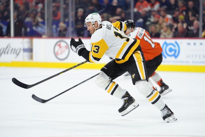 Dec 1, 2025; Philadelphia, Pennsylvania, USA; Pittsburgh Penguins right wing Kevin Hayes (13) in action against the Philadelphia Flyers in the first period at Xfinity Mobile Arena. Mandatory Credit: Kyle Ross-Imagn Images