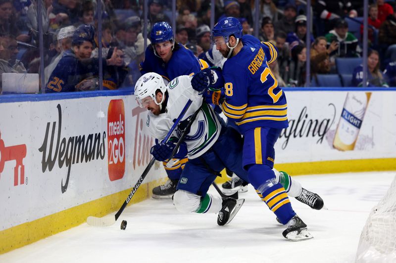 Jan 13, 2024; Buffalo, New York, USA;  Buffalo Sabres left wing Zemgus Girgensons (28) checks Vancouver Canucks right wing Conor Garland (8) as he goes after the puck behind the net during the third period at KeyBank Center. Mandatory Credit: Timothy T. Ludwig-USA TODAY Sports