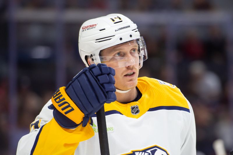 Jan 29, 2024; Ottawa, Ontario, CAN; Nashville Predators center Gustav Nyquist (14) in the first period against the Ottawa Senators at the Canadian Tire Centre. Mandatory Credit: Marc DesRosiers-USA TODAY Sports