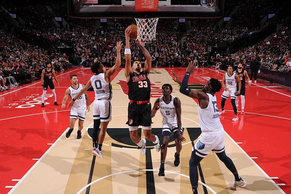 PORTLAND, OR - NOVEMBER 3: Toumani Camara #33 of the Portland Trail Blazers shoots the ball during the In-Season Tournament against the Memphis Grizzlies on November 3, 2023 at the Moda Center Arena in Portland, Oregon. NOTE TO USER: User expressly acknowledges and agrees that, by downloading and or using this photograph, user is consenting to the terms and conditions of the Getty Images License Agreement. Mandatory Copyright Notice: Copyright 2023 NBAE (Photo by Cameron Browne/NBAE via Getty Images)