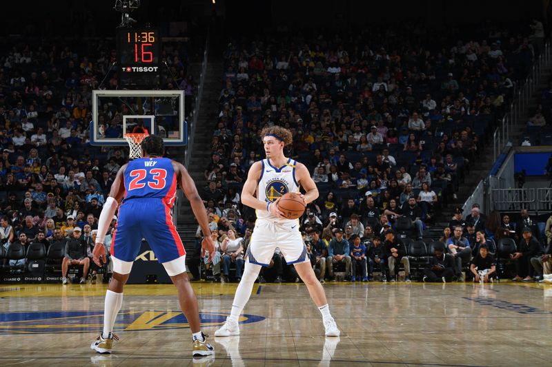 SAN FRANCISCO, CA - OCTOBER 13: Brandin Podziemski #2 of the Golden State Warriors handles the ball during the game against the Detroit Pistons during a NBA Preseason game on October 13, 2024 at Chase Center in San Francisco, California. NOTE TO USER: User expressly acknowledges and agrees that, by downloading and or using this photograph, user is consenting to the terms and conditions of Getty Images License Agreement. Mandatory Copyright Notice: Copyright 2024 NBAE (Photo by Noah Graham/NBAE via Getty Images)