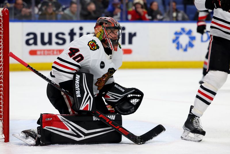 Jan 18, 2024; Buffalo, New York, USA;  Chicago Blackhawks goaltender Arvid Soderblom (40) looks for the puck during the second period against the Buffalo Sabres at KeyBank Center. Mandatory Credit: Timothy T. Ludwig-USA TODAY Sports