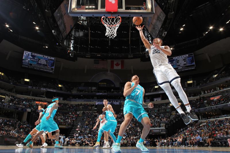 MEMPHIS, TN - OCTOBER 10: Desmond Bane #22 of the Memphis Grizzlies shoots the ball during the game against the Charlotte Hornets during a NBA Preseason game on October 10, 2024 at FedExForum in Memphis, Tennessee. NOTE TO USER: User expressly acknowledges and agrees that, by downloading and or using this photograph, User is consenting to the terms and conditions of the Getty Images License Agreement. Mandatory Copyright Notice: Copyright 2024 NBAE (Photo by Joe Murphy/NBAE via Getty Images)