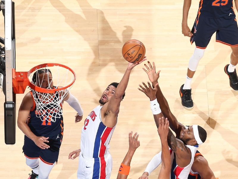 NEW YORK, NY - APRIL 21: Tobias Harris #12 of the Detroit Pistons goes up for the rebound during the game against the New York Knicks  during Round 1 Game 2 of the 2025 NBA Playoffs on April 21, 2025 at Madison Square Garden in New York City, New York.  NOTE TO USER: User expressly acknowledges and agrees that, by downloading and or using this photograph, User is consenting to the terms and conditions of the Getty Images License Agreement. Mandatory Copyright Notice: Copyright 2025 NBAE  (Photo by Nathaniel S. Butler/NBAE via Getty Images)