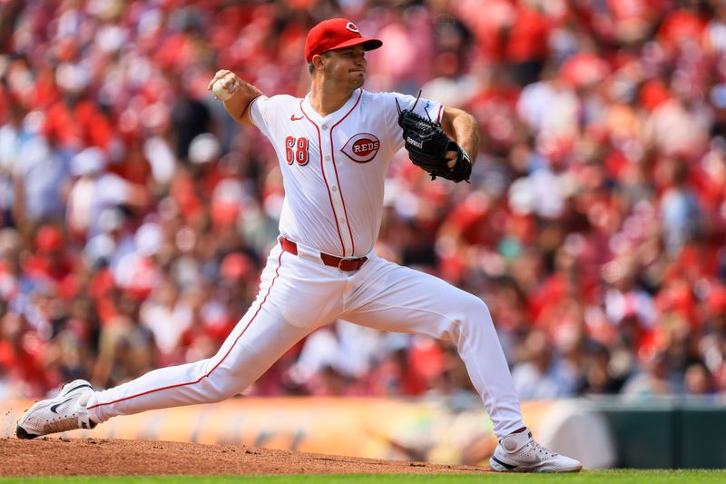 Aug 4, 2024; Cincinnati, Ohio, USA; Cincinnati Reds starting pitcher Carson Spiers (68) pitches against the San Francisco Giants in the first inning at Great American Ball Park. Mandatory Credit: Katie Stratman-USA TODAY Sports