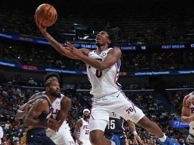 NEW ORLEANS, LA - NOVEMBER 29: Tyrese Maxey #0 of the Philadelphia 76ers shoots the ball during the game against the New Orleans Pelicans on November 29, 2023 at the Smoothie King Center in New Orleans, Louisiana. NOTE TO USER: User expressly acknowledges and agrees that, by downloading and or using this Photograph, user is consenting to the terms and conditions of the Getty Images License Agreement. Mandatory Copyright Notice: Copyright 2023 NBAE (Photo by Layne Murdoch Jr./NBAE via Getty Images)