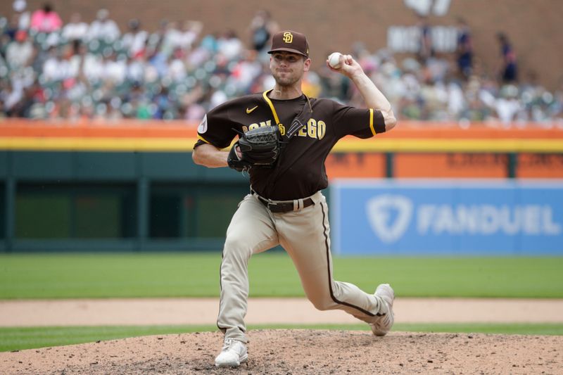 Jul 23, 2023; Detroit, Michigan, USA; San Diego Padres pitcher Tom Cosgrove (59) pitches during the seventh inning at Comerica Park. Mandatory Credit: Brian Bradshaw Sevald-USA TODAY Sports