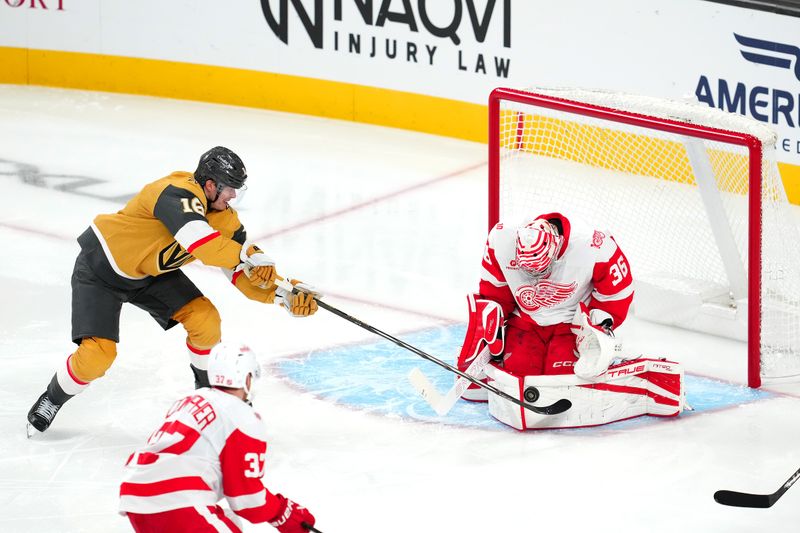 Nov 4, 2025; Las Vegas, Nevada, USA; Detroit Red Wings goaltender John Gibson (36) makes a save against Vegas Golden Knights right wing Pavel Dorofeyev (16) during the third period at T-Mobile Arena. Mandatory Credit: Stephen R. Sylvanie-Imagn Images