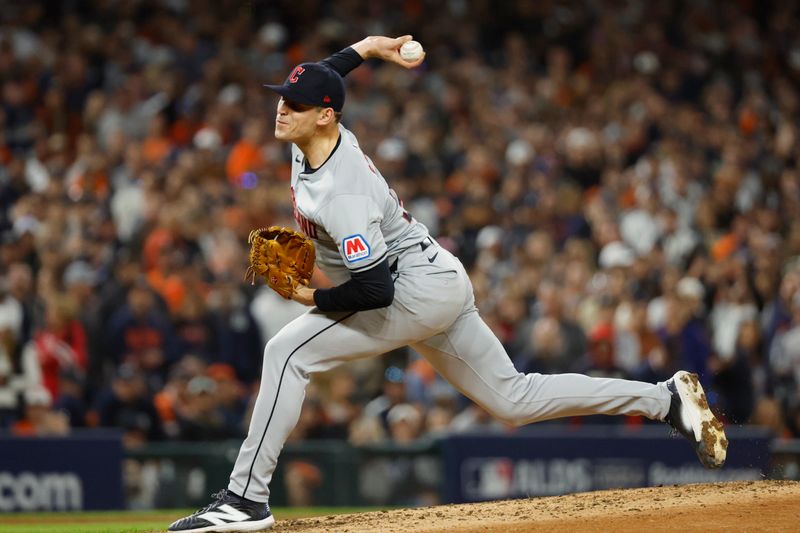 Oct 10, 2024; Detroit, Michigan, USA; Cleveland Guardians relief pitcher Cade Smith (36) pitches in the fifth inning against the Detroit Tigers during game four of the ALDS for the 2024 MLB Playoffs at Comerica Park. Mandatory Credit: Rick Osentoski-Imagn Images