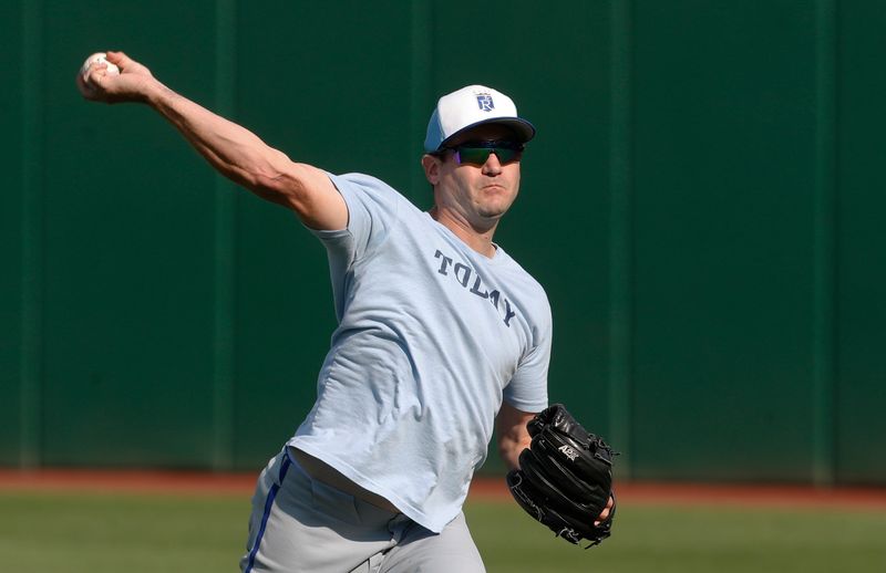 Sep 13, 2024; Pittsburgh, Pennsylvania, USA;  Kansas City Royals pitcher Seth Lugo (67) throws in the outfield before a game against the Pittsburgh Pirates at PNC Park. Mandatory Credit: Charles LeClaire-Imagn Images