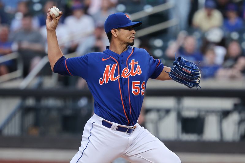 Aug 8, 2023; New York City, New York, USA; New York Mets starting pitcher Carlos Carrasco (59) delivers a pitch during the first inning against the Chicago Cubs at Citi Field. Mandatory Credit: Vincent Carchietta-USA TODAY Sports