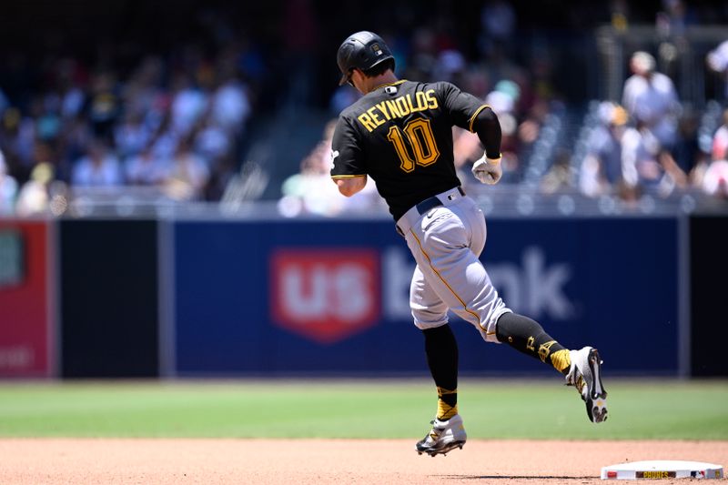 Jul 26, 2023; San Diego, California, USA; Pittsburgh Pirates left fielder Bryan Reynolds (10) rounds the bases after hitting a home run against the San Diego Padres during the fourth inning at Petco Park. Mandatory Credit: Orlando Ramirez-USA TODAY Sports