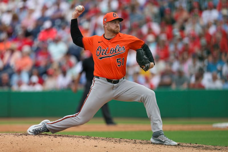 Mar 5, 2024; Clearwater, Florida, USA;  Baltimore Orioles relief pitcher Kaleb Ort (51) throws a pitch against the Philadelphia Phillies in the fourth inning at BayCare Ballpark. Mandatory Credit: Nathan Ray Seebeck-USA TODAY Sports