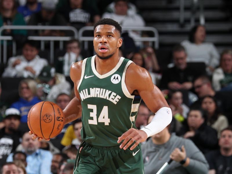 MILWAUKEE, WI - NOVEMBER 20: Giannis Antetokounmpo #34 of the Milwaukee Bucks brings the ball up court during the game against the Chicago Bulls on November 20, 2024 at the Fiserv Forum Center in Milwaukee, Wisconsin. NOTE TO USER: User expressly acknowledges and agrees that, by downloading and or using this Photograph, user is consenting to the terms and conditions of the Getty Images License Agreement. Mandatory Copyright Notice: Copyright 2024 NBAE (Photo by Gary Dineen/NBAE via Getty Images).