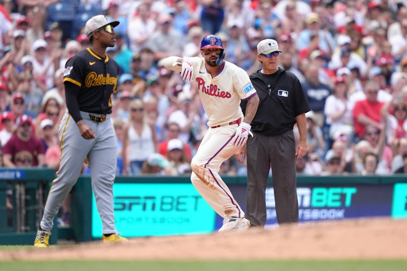 May 18, 2025; Philadelphia, Pennsylvania, USA; Philadelphia Phillies outfielder Nick Castellanos (8) advances to third against the Pittsburgh Pirates in the fifth inning at Citizens Bank Park. Mandatory Credit: Kyle Ross-Imagn Images