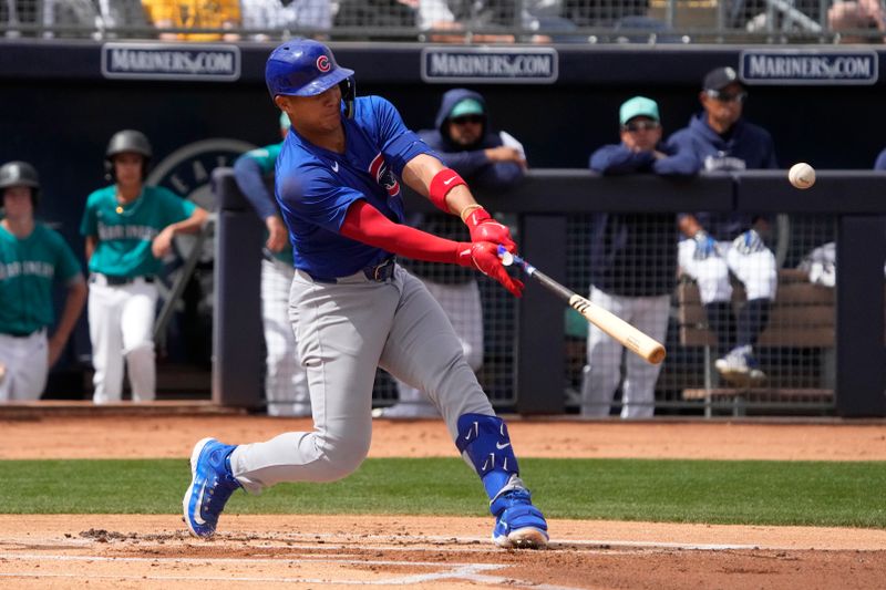 Mar 24, 2024; Peoria, Arizona, USA; Chicago Cubs catcher Miguel Amaya (9) hits against the Seattle Mariners in the first inning at Peoria Sports Complex. Mandatory Credit: Rick Scuteri-USA TODAY Sports