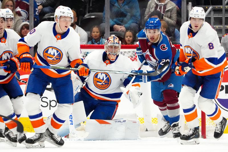 Jan 2, 2024; Denver, Colorado, USA; New York Islanders goaltender Semyon Varlamov (40) defends the net in the first period against the Colorado Avalanche at Ball Arena. Mandatory Credit: Ron Chenoy-USA TODAY Sports