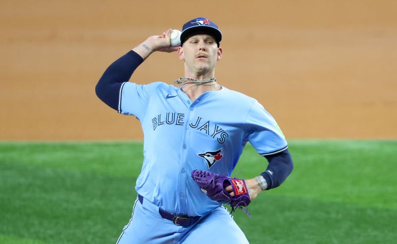 Sep 18, 2024; Arlington, Texas, USA;  Toronto Blue Jays starting pitcher Bowden Francis (44) throws during the first inning against the Texas Rangers at Globe Life Field. Mandatory Credit: Kevin Jairaj-Imagn Images