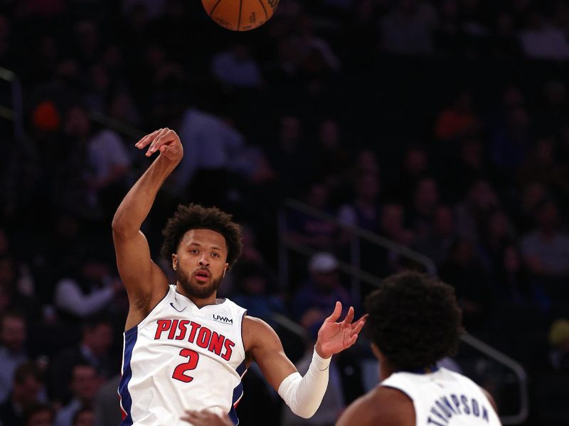 NEW YORK, NEW YORK - FEBRUARY 26: Cade Cunningham #2 of the Detroit Pistons passes the ball to Ausar Thompson #9 during the first half against the New York Knicks at Madison Square Garden on February 26, 2024 in New York City. NOTE TO USER: User expressly acknowledges and agrees that, by downloading and or using this photograph, User is consenting to the terms and conditions of the Getty Images License Agreement. (Photo by Elsa/Getty Images)