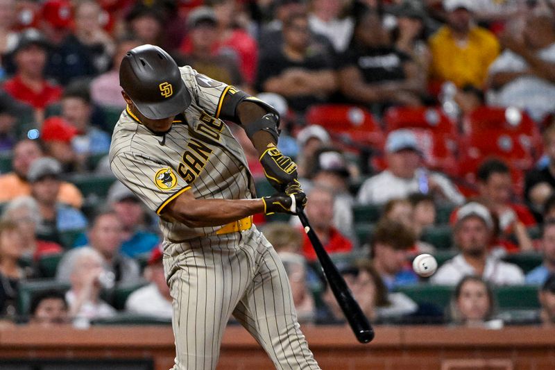 Aug 29, 2023; St. Louis, Missouri, USA;  San Diego Padres center fielder Jose Azocar (28) hits a two run single against the St. Louis Cardinals during the fourth inning at Busch Stadium. Mandatory Credit: Jeff Curry-USA TODAY Sports