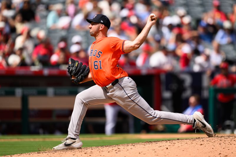 Sep 28, 2025; Anaheim, California, USA; Houston Astros pitcher Colton Gordon (61) delivers during the fourth inning against the Los Angeles Angels at Angel Stadium. Mandatory Credit: William Liang-Imagn Images