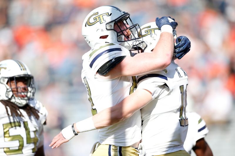 Nov 4, 2023; Charlottesville, Virginia, USA; Georgia Tech Yellow Jackets quarterback Haynes King (10) celebrates with Yellow Jackets tight end Luke Benson (81) after scoring a touchdown against the Virginia Cavaliers during the first half at Scott Stadium. Mandatory Credit: Amber Searls-USA TODAY Sports