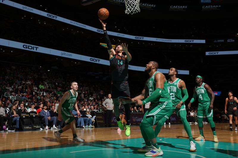 WASHINGTON, DC -? MARCH 17: Jules Bernard #14 of the Washington Wizards drives to the basket during the game against the Boston Celtics on March 17, 2024 at Capital One Arena in Washington, DC. NOTE TO USER: User expressly acknowledges and agrees that, by downloading and or using this Photograph, user is consenting to the terms and conditions of the Getty Images License Agreement. Mandatory Copyright Notice: Copyright 2024 NBAE (Photo by Stephen Gosling/NBAE via Getty Images)