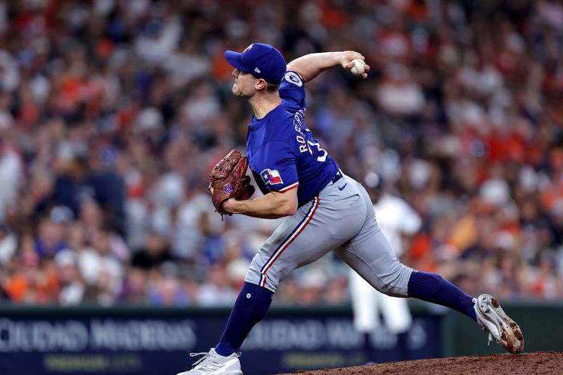 Jul 13, 2024; Houston, Texas, USA; Texas Rangers pitcher David Robertson (37) delivers a pitch against the Houston Astros during the ninth inning at Minute Maid Park. Mandatory Credit: Erik Williams-USA TODAY Sports