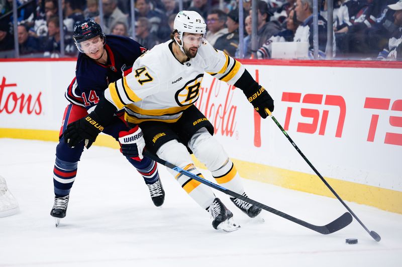 Dec 11, 2025; Winnipeg, Manitoba, CAN;  Dec 11, 2025; Winnipeg, Manitoba, CAN;  Boston Bruins forward Mark Kastelic (47) skates away from Winnipeg Jets forward Gustav Nyquist (14) during the second period at Canada Life Centre. Mandatory Credit: Terrence Lee-Imagn Images