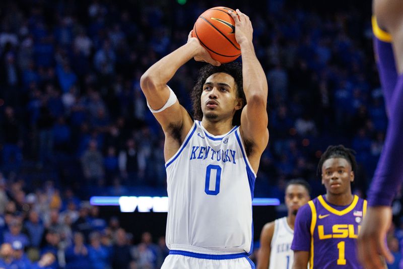 Jan 3, 2023; Lexington, Kentucky, USA; Kentucky Wildcats forward Jacob Toppin (0) makes a free throw in the final seconds of the second half against the LSU Tigers at Rupp Arena at Central Bank Center. Mandatory Credit: Jordan Prather-USA TODAY Sports