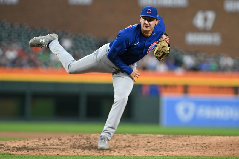 Aug 21, 2023; Detroit, Michigan, USA; Chicago Cubs relief pitcher Hayden Wesneski (19) throws a pitch against the Detroit Tigers in the sixth inning at Comerica Park. Mandatory Credit: Lon Horwedel-USA TODAY Sports