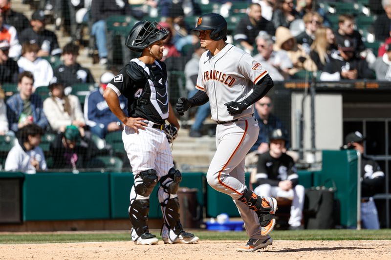 Apr 6, 2023; Chicago, Illinois, USA; San Francisco Giants first baseman Wilmer Flores (41) crosses home plate after hitting a two-run home run against the Chicago White Sox during the sixth inning at Guaranteed Rate Field. Mandatory Credit: Kamil Krzaczynski-USA TODAY Sports