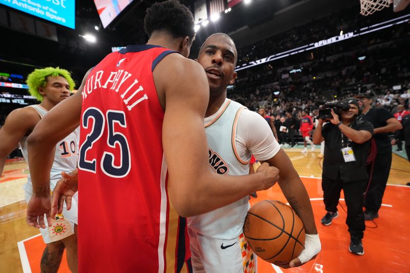 SAN ANTONIO, TX - DECEMBER 8: Chris Paul #3 of the San Antonio Spurs and Trey Murphy III #25 of the New Orleans Pelicans greet after the game on December 8, 2024 at the Frost Bank Center in San Antonio, Texas. NOTE TO USER: User expressly acknowledges and agrees that, by downloading and or using this photograph, user is consenting to the terms and conditions of the Getty Images License Agreement. Mandatory Copyright Notice: Copyright 2024 NBAE (Photos by Jesse D. Garrabrant/NBAE via Getty Images)