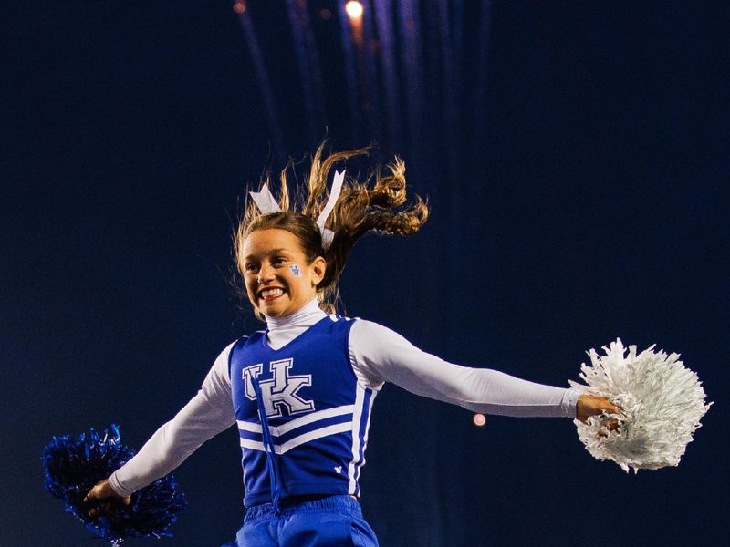 Nov 26, 2022; Lexington, Kentucky, USA; Kentucky Wildcats cheerleaders perform during the fourth quarter against the Louisville Cardinals at Kroger Field. Mandatory Credit: Jordan Prather-USA TODAY Sports